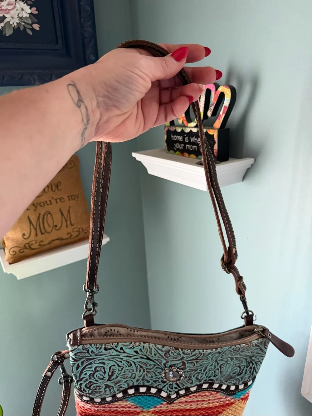 Myra Bag Turquoise, Red, Yellow & Brown Embossed Woven Crossbody